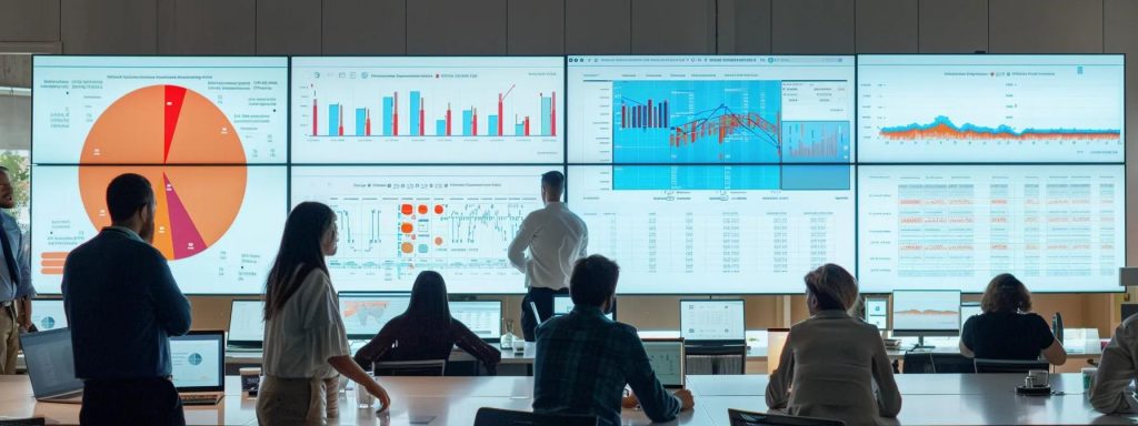 a dynamic office environment captures a diverse group of professionals engaged in a strategic collaboration, surrounded by digital screens displaying analytics and growth charts, symbolizing operational agility and scalability in a fast-paced global economy.