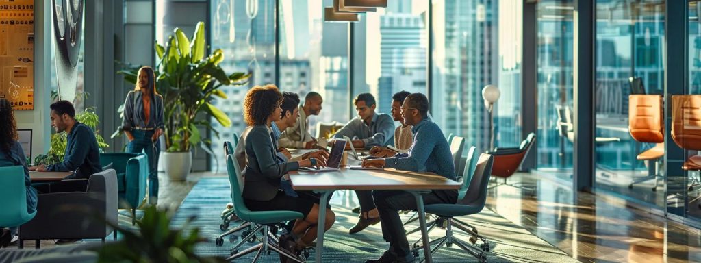 a dynamic urban office setting showcases a diverse group of professionals engaged in a collaborative discussion around a modern conference table, emphasizing innovative strategies for attracting and retaining top global talent.