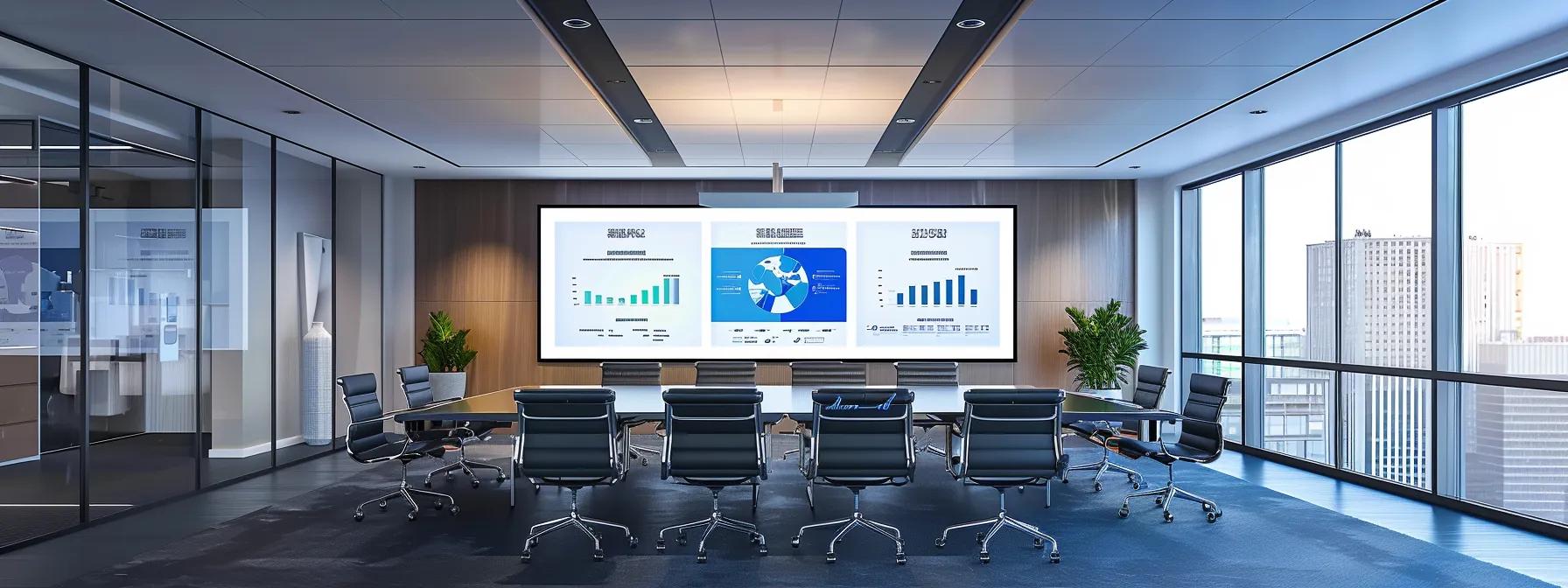 a modern office setting features a sleek conference room with a large screen displaying a detailed infographic analyzing the costs and benefits of employer of record (eor) services, illuminated by sharp, focused lighting that emphasizes the professionalism of the discussion.