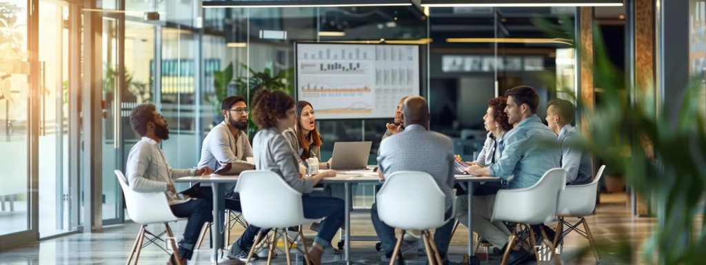 a modern office space captures a tense meeting among diverse professionals, with a digital presentation highlighting the risks of outsourcing hr functions on employee engagement and company culture, reflected in their concerned expressions and the stark contrast of warm indoor lighting against the cool tones of the technology-enhanced environment.