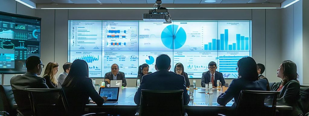 a sharp, modern office conference room is filled with diverse professionals engaged in a focused discussion, surrounded by digital screens displaying complex financial graphs and data, highlighting the intricate evaluation of costs associated with employer of record arrangements.