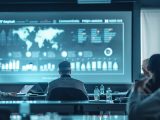 a sharply lit conference room filled with diverse professionals engaged in a heated discussion, framed around a large screen displaying a complex infographic about the risks of using an employer of record.