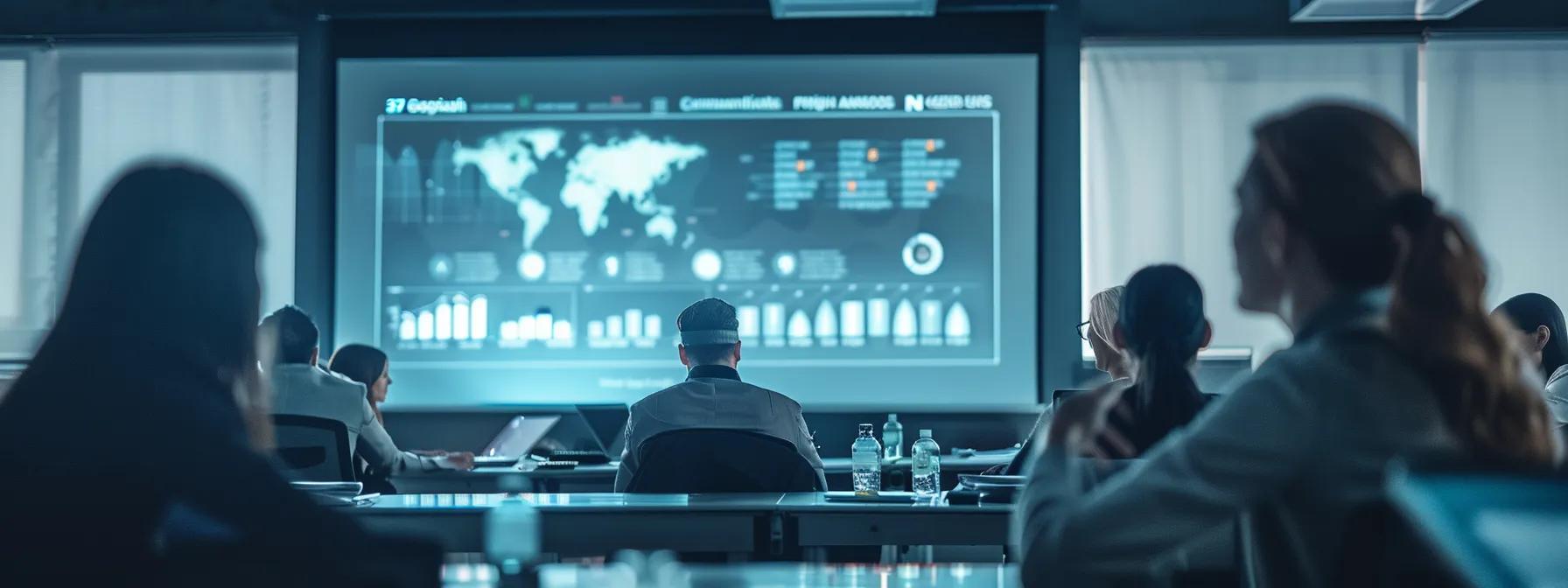 a sharply lit conference room filled with diverse professionals engaged in a heated discussion, framed around a large screen displaying a complex infographic about the risks of using an employer of record.