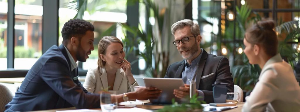 a sleek, modern office workspace showcases a diverse team engaged in a dynamic discussion around a digital tablet, symbolizing collaboration and strategic planning for maximizing the financial benefits of an eor partnership.