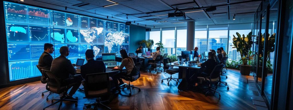 a sleek, modern office filled with diverse professionals engaged in strategic discussions, surrounded by digital screens displaying compliance data and regulations, all illuminated by dynamic, focused lighting that emphasizes the theme of risk mitigation and workforce efficiency.