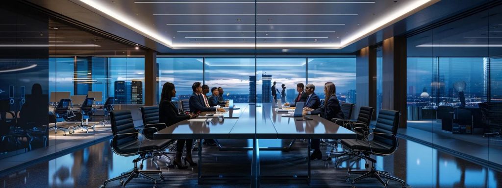 a sleek, modern office boardroom, featuring a large glass table surrounded by professionals engaged in a focused discussion about a complex contract, illuminated by sharp overhead lighting that emphasizes the urgency of uncovering hidden ancillary charges in eor service agreements.