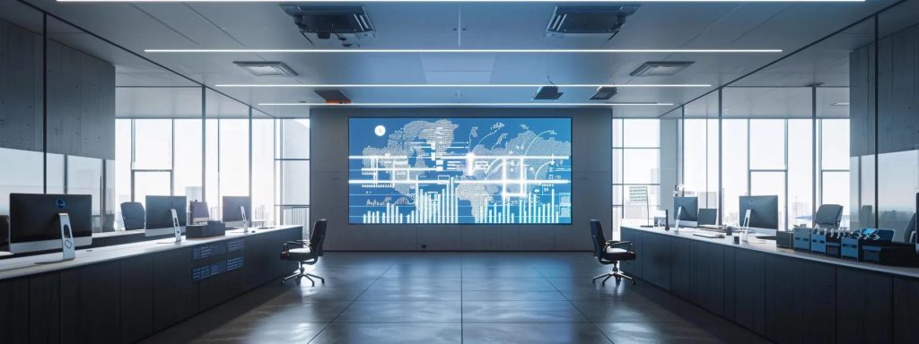 a visually striking modern office space filled with sleek, minimalist furnishings, showcasing a large digital screen displaying complex flowcharts and graphs symbolizing strategic limitations and dependency risks, under dramatic overhead lighting that emphasizes the atmosphere of seriousness and contemplation.